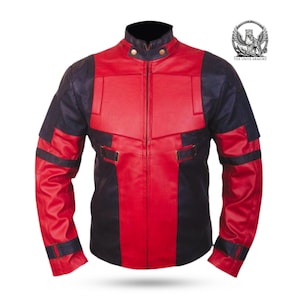 Deadpool Jacket Men - Custom Marvel Leather Coat - Movie Replica Cosplay Outerwear - Red Black Biker Gift for Him