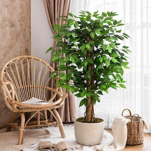May include: An artificial tree with lush green leaves and a brown trunk stands in a white textured pot. A woven rattan chair, a woven basket, and a pair of fluffy slippers are also in the room, creating a comfortable setting.