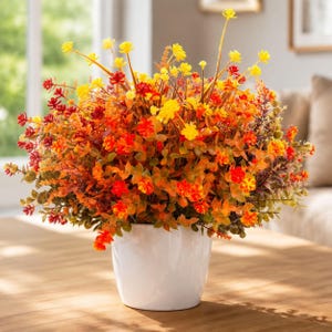 12 flores artificiales de otoño para macetas de exterior, resistentes a los rayos UV, tallos florales de plástico naranja, decoración para porche, patio y hogar.