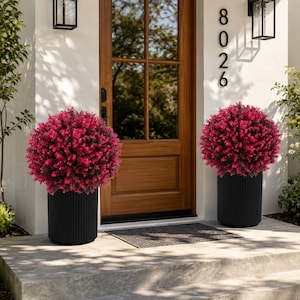 Artificial Red Eucalyptus Topiary Ball Trees Set of 2, 24 Inch Faux Evergreen Shrubs with Ground Spikes, UV Resistant Outdoor Topiary Plants