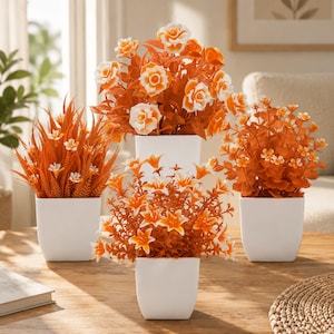 Set van 4 kunstmatige herfstbloemen in potten, oranje nepchrysanten, kleine herfstdecoratie voor op tafel, nepplanten voor op een plank in huis of op kantoor.