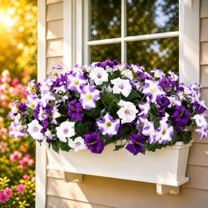 May include: A white window box overflowing with vibrant petunias. The flowers display a mix of deep purple and white petals with yellow centers, creating a striking contrast against the green foliage. The box is mounted below a window.
