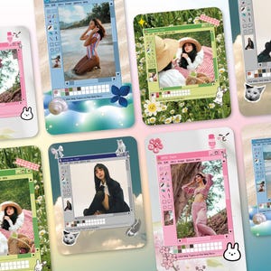 May include: A collection of eight digital art prints featuring women in various outdoor settings. Each print is framed within a stylized computer window, with pastel color schemes and decorative elements like flowers and animal stickers.