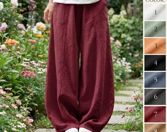 Spodnie lniane damskie z szerokimi nogawkami | Lniane pantalony bawełniane | Spodnie palazzo w stylu boho | Elastyczny pas | Styl vintage casual | Wiosna/Lato | Od S do 5XL