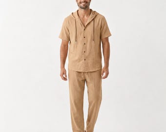 Conjunto de camisa y pantalón de lino para hombre: corte relajado, ideal para la playa o la playa en verano.