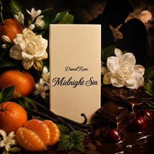 May include: A rectangular cream-colored product box with the text Daniel Rene Midnight Sin printed in black. The box is surrounded by fresh oranges, white gardenia flowers, dark chocolate squares, red cherries, and vanilla bean pods.