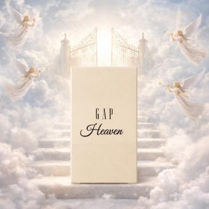 May include: A beige rectangular box with the words "GAP Heaven" in black script. The box is set against a backdrop of clouds, stairs, and angels playing trumpets, with a bright light shining through an ornate gate.