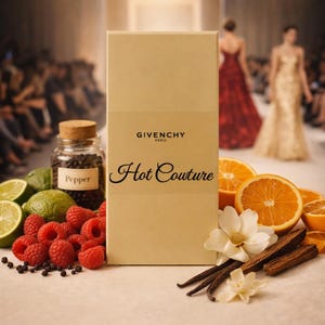 May include: A rectangular beige box labeled Givenchy Paris Hot Couture, surrounded by fresh raspberries, limes, black peppercorns in a glass jar labeled Pepper, orange slices, white flower blossoms, and dark brown vanilla bean pods.