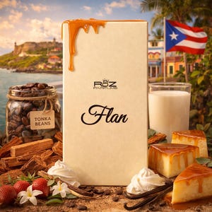 May include: A beige box with the word "Flan" in cursive, caramel dripping from the top, and the "RDZ Parfums" logo. The image includes a glass of milk, flan slices, strawberries, vanilla beans, and a jar of tonka beans.