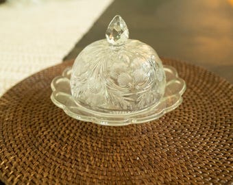 Vintage Pressed Glass Butter Dish with Lid, Floral Pattern, Scalloped Edge