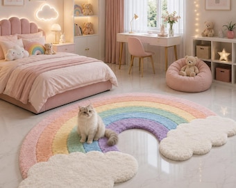 May include: A fluffy, semi-circular area rug shaped like a rainbow with white cloud ends, featuring pastel bands of pink, yellow, green, blue, and purple. A long-haired white cat sits on the rug, which is placed on a white marble floor.