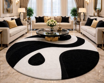Hand Tufted Wool Round Rug, Black White Abstract Geometric Area Rug