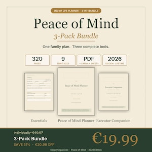 Peut inclure: Un ensemble de trois planificateurs numériques intitulé Peace of Mind, comprenant les documents Essentials, Peace of Mind Planner et Executor Companion. Le lot contient 320 pages, 9 formats d'impression, édition 2026 en PDF, Canva et Sheets.