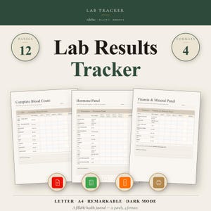 Puede incluir: Un rastreador de resultados de laboratorio con el texto "Lab Results Tracker" en una fuente verde oscuro. El rastreador incluye 12 paneles y 4 formatos. El rastreador incluye un "Complete Blood Count", "Hormone Panel" y "Vitamin & Mineral Panel". También se incluye el texto "LETTER A4 REMARKABLE DARK MODE".
