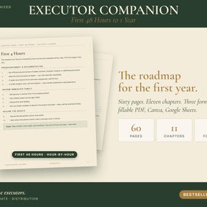 May include: A digital planner titled Executor Companion with the subtitle First 48 Hours to 1 Year. The document features a checklist for the first 4 hours, including sections for pronouncement, documentation, and informing family members.