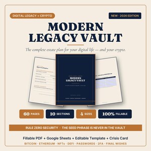 May include: A digital legacy and crypto estate planning document titled Modern Legacy Vault, 2026 Edition. The set includes 60 pages, 10 sections, 4 sizes, and is 100% fillable. It features a dark blue cover, interior pages, and text detailing security features.
