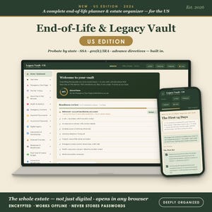 Puede incluir: Un planificador digital de fin de vida y patrimonio titulado End-of-Life & Legacy Vault US Edition 2026, mostrado en la pantalla de una computadora portátil y un teléfono inteligente. La interfaz presenta un esquema de color verde oscuro y crema.