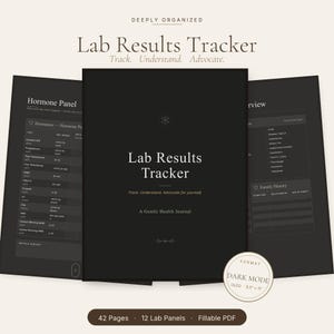 Può includere: Un diario nero "Lab Results Tracker" con il testo "Track. Understand. Advocate." e "A Gentle Health Journal." Il diario include sezioni per i pannelli ormonali e la storia familiare. Il formato è dark mode, OLED 21,6 cm x 28 cm, con 42 pagine e 12 pannelli di laboratorio.