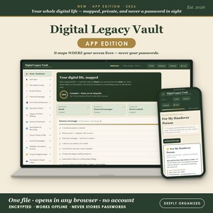 May include: A digital interface titled Digital Legacy Vault App Edition displayed on a laptop screen and a smartphone. The dashboard features a dark green and cream colour scheme with text detailing digital life mapping and access coverage.