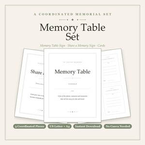 May include: A coordinated memorial set featuring a Memory Table sign, a Share a Memory sign, and memory cards. The white paper documents include black text with the phrases A Coordinated Memorial Set, Memory Table, and Share a Memory. The set includes three coordinated pieces available in US Letter and A4 sizes as an instant download.
