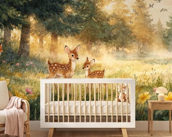 Watercolor Fawn Meadow Nursery Wall Mural , Golden Hour Forest Peel and Stick , Woodland Fox Deer Baby Room Wallpaper , Wildflower Decor