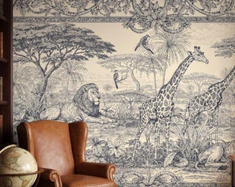 Safari toile wall mural , peel and stick navy ivory giraffe lion engraving , grandmillennial colonial dining room study library