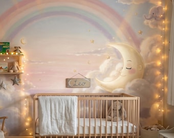 Pastel Rainbow Nursery Wallpaper , Dreamy Cloud & Moon Kids Mural , Cute Bunny Peel and Stick , Sweet Dreams Baby Room Wall Decor