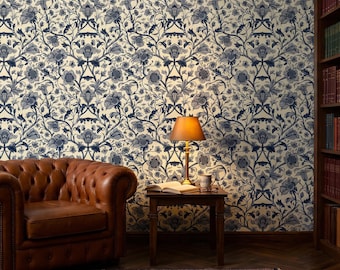 Blue Toile Floral Seamless Wallpaper , William Morris Vine Peel and Stick , Indigo Botanical Garden Decor , Victorian Vintage