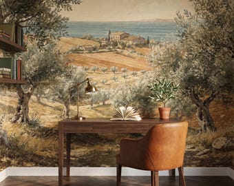 Tuscan Olive Grove Wall Mural , Mediterranean Sea View Peel and Stick , Italian Countryside Landscape Wallpaper , Vintage Villa Decor