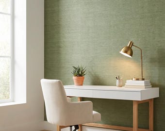 Sage green faux linen seamless wallpaper , peel and stick grasscloth texture , natural woven look , Japandi biophilic home office decor