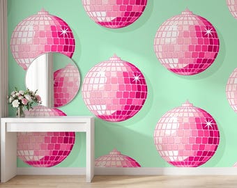Pink disco ball seamless wallpaper , peel and stick removable , barbiecore Y2K retro glam , mint green girls room , teen bedroom decor