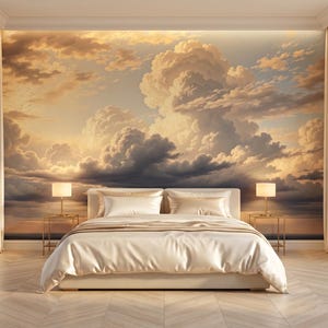 May include: A bedroom featuring a large bed with cream-colored bedding, flanked by two small side tables with lamps. The focal point is a mural of a dramatic sky filled with clouds, creating a serene and inviting atmosphere.