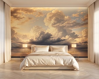 Dramatic Cloud Oil Painting Wall Mural , Golden Sky Peel and Stick , Baroque Sunset Cloudscape Wallpaper , Moody Bedroom Decor