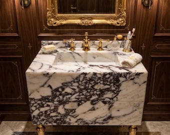 Marble Vanity Sink: Calacatta Stone with Storage Drawers (Freestanding)