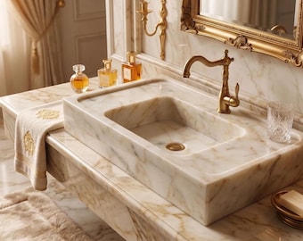 Wall Mount Marble Sink: Carrara with Gold Veins - Elegant Powder Room