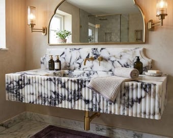 Calacatta Viola Marble Sink: Wall Mounted with Fluted Front