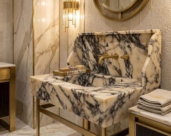 Wall Mount Marble Sink: Calacatta Viola - Hand-Carved Stone Basin
