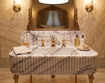 Marble Bathroom Sink: Turkish Lilac Stone - Fluted Design