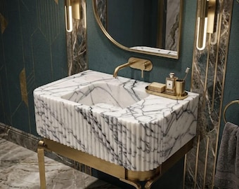 Lavabo in marmo lilla, con angoli arrotondati (montaggio a parete, dimensioni personalizzate)