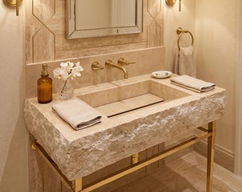 Rustic Travertine Vanity Sink, Natural Stone (Custom Sizes Available)