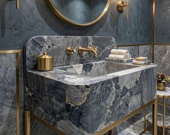 Bathroom Sink: Gray Marble Rectangular Basin - Eco-Friendly Stone