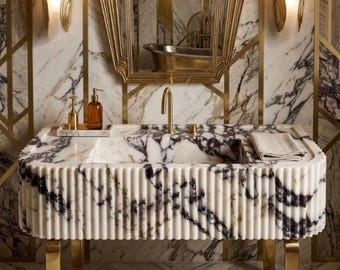 Marble Vessel Sink: Calacatta Viola Stone - Rectangular, Polished Finish