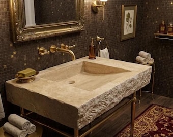 Rustic Travertine Stone Sink: Textured Edge, Natural Finish