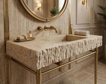 Wall Mounted Marble Sink: Rustic Travertine Stone - Space Saving Design