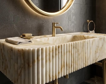 Calacatta Gold Vessel Sink - Grooved Front Natural Marble Basin