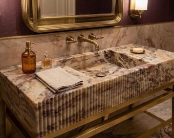 Calacatta Viola Marble Vanity Sink - Hand Carved Grooved Detail