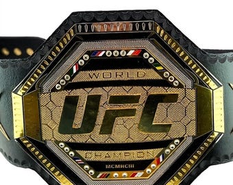 Réplique de la ceinture UFC Legacy Championship | Plaques 2 mm en laiton doré et bracelet en cuir véritable | Ceinture personnalisée pour fan de MMA, nom personnalisé