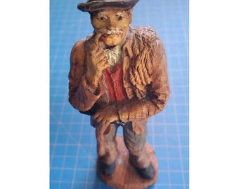 Vintage handgesneden geschilderde houten goudzoeker pijp rookbeeldje 7 inch