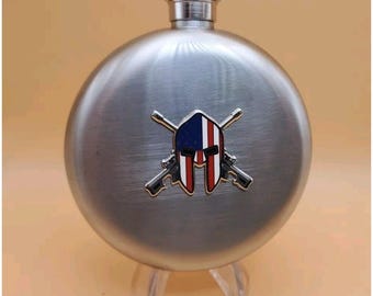 Round 5oz Flask with American Patriot Warrior  Medallion, Stainless Steel, New