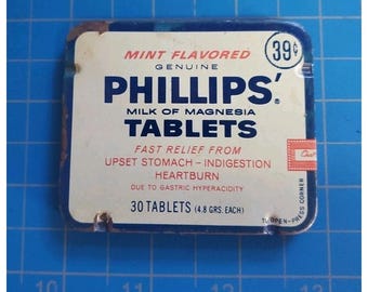 Lata antigua de tabletas de leche de magnesia PHILLIPS, 39 centavos, algunas tabletas incluidas.